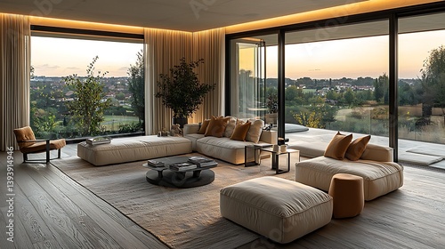 Modern living room interior with panoramic view
