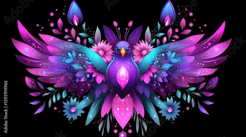 Obraz na płótnie Vibrant Fantasy Bird Illustration with Colorful Feathers and Floral Elements Against Black Background w salonie