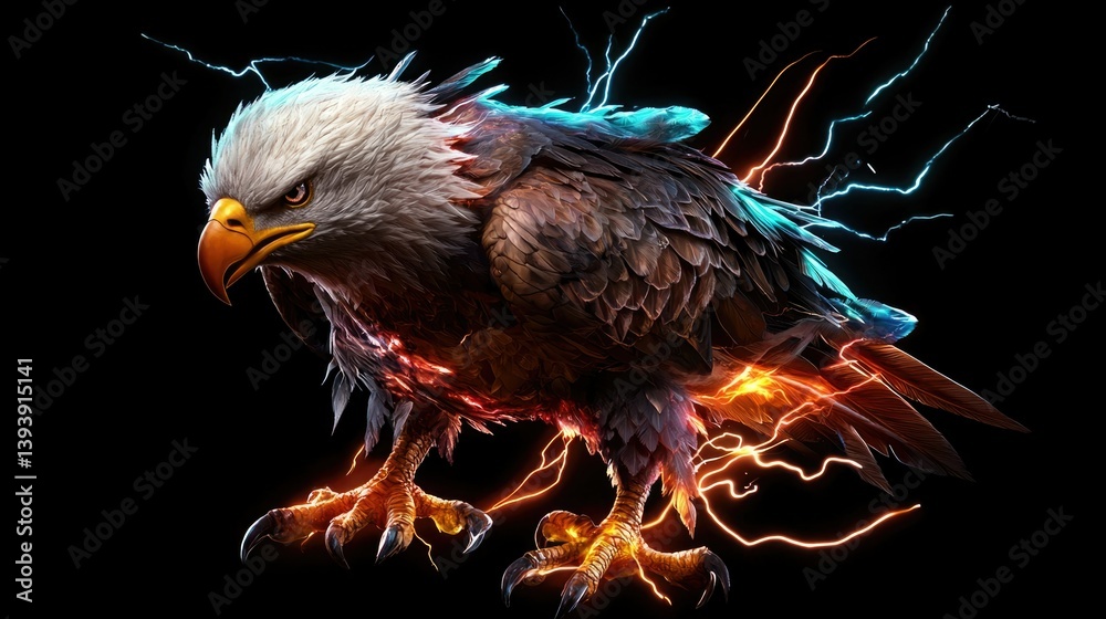 Majestic Eagle with Electric Lightning Background in Dynamic Pose Against Dark Environment