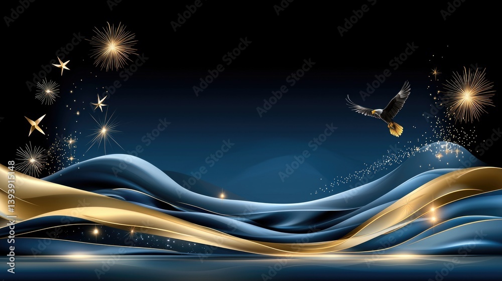 Abstract landscape with waves, golden ribbons, sparkling stars, fireworks, and a soaring bird in the night sky