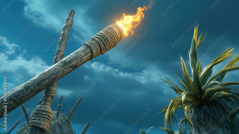 Flames of a Wooden Torch Against a Dramatic Sky at Dusk on an Outdoor Tropical Island