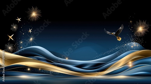 Abstract landscape with waves, golden ribbons, sparkling stars, fireworks, and a soaring bird in the night sky