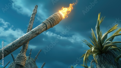 Obraz na płótnie Flames of a Wooden Torch Against a Dramatic Sky at Dusk on an Outdoor Tropical Island w salonie