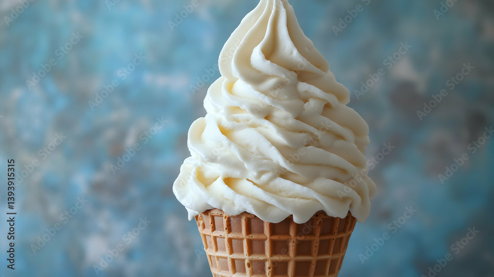 Vanilla Soft Serve Ice Cream Cone with Blue Bokeh Background
