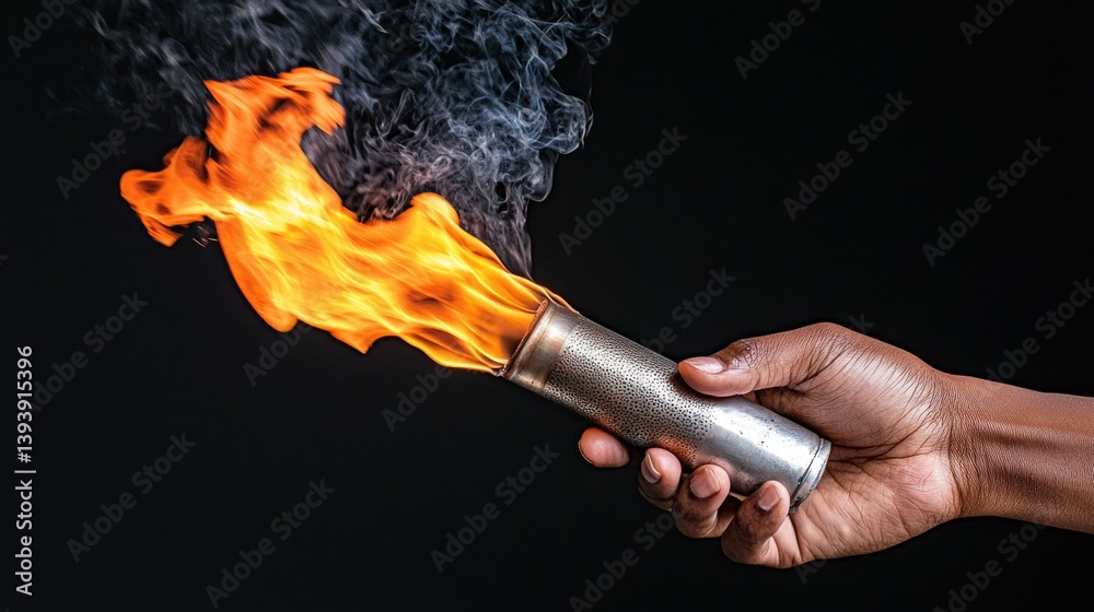 Hand Holding Metal Object with Flames and Smoke Against Dark Background, Dramatic Fire Imagery