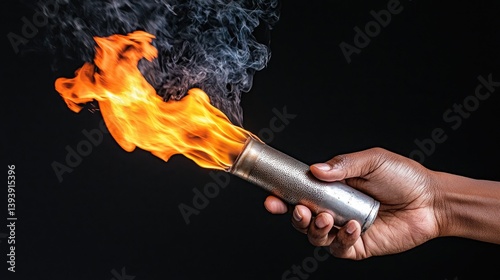 Obraz na płótnie Hand Holding Metal Object with Flames and Smoke Against Dark Background, Dramatic Fire Imagery w salonie