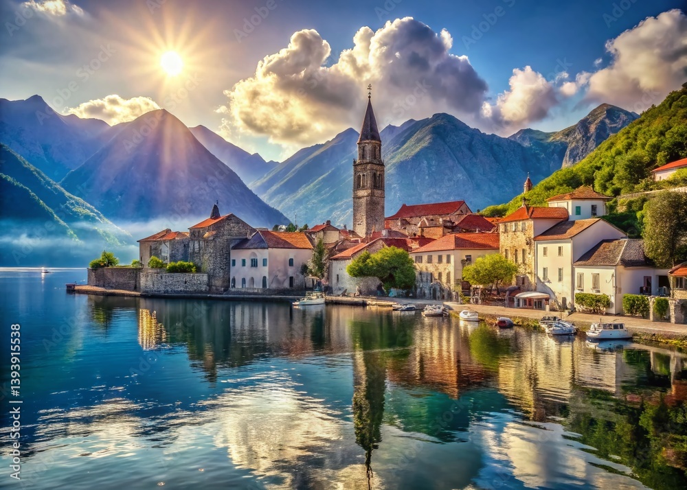 Naklejka premium Breathtaking Panoramic View of Perast and Kotor Bay Montenegro A Coastal Jewel