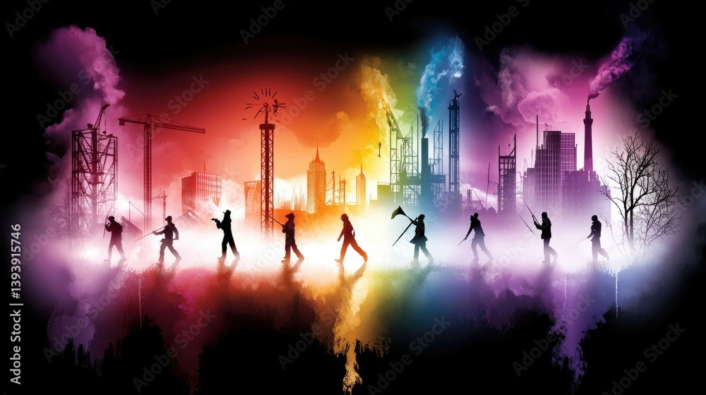 Urban Silhouettes Against Vibrant Cityscape with Industrial Elements and Colorful Backgrounds at Dusk