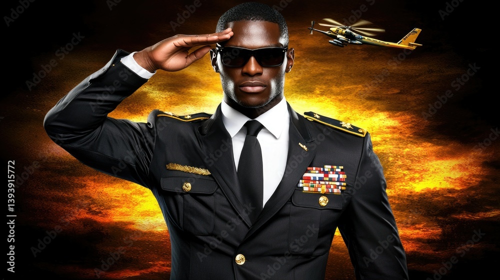 Confident African American Male Pilot Saluting with Sunglasses Against Dramatic Sky Background