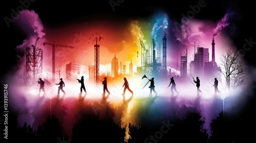 Urban Silhouettes Against Vibrant Cityscape with Industrial Elements and Colorful Backgrounds at Dusk