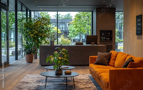 Modern office interior design with yellow sofa and green view