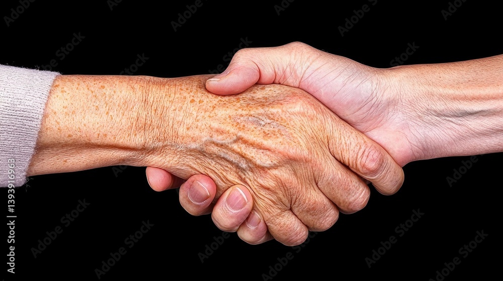 Close-up of Two Hands Shaking in Agreement Symbolizing Friendship and Unity Between Generations and Cultures