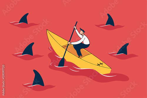 Red ocean market, high competition industry with too many competitors, intense market with challenge or difficult to success concept, businessman in kayak trying to survive in red ocean with sharks.