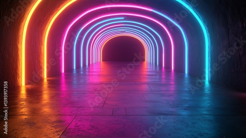 Multicolored neon arch tunnel