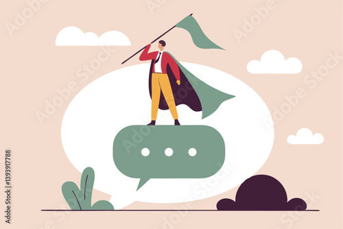 Communicate for success, communication skill, sending message, mission statement or advertising message to customer concept, success businessman superhero holding winning flag on speech bubble.