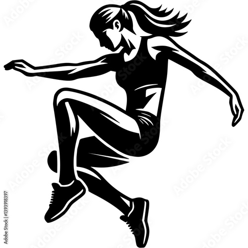 Sport emblem of parkour girl in free flight jumping over an obstacle in monochrome. Engraving minimalistic vector in black ink drawing on transparent background
