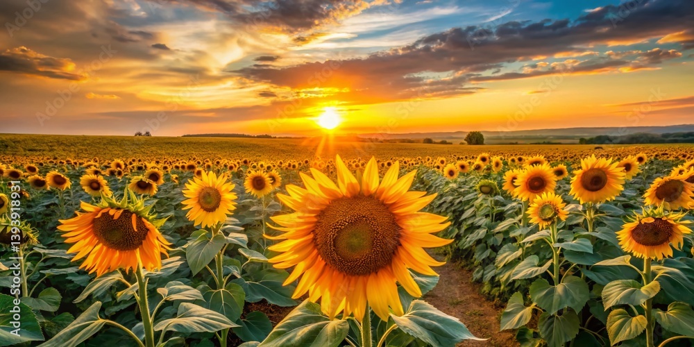 Obraz premium A Breathtaking Sunset Paints the Sunflower Field in Blagoveshenskaya Anapa Russia A Vibrant Display of Natures Beauty