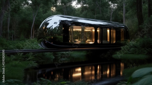 Futuristic capsule home nestled within a lush forest, reflecting in a tranquil pond.  Sleek, mirrored exterior.  Interior light illuminates the structure