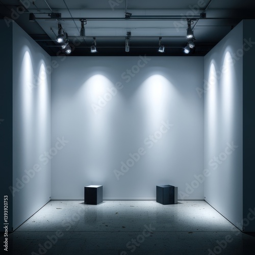 Empty Art Gallery: An image of a gallery space with clean white walls, soft illumination from spotlights and two minimalist plinths ready for artworks.