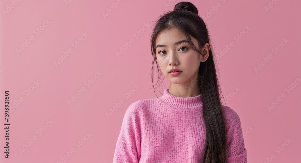 Fototapeta premium Caucasian teen girl on pink plain bright background modern chic fashion pose model portrait portrait banner with copy space ad concept marketing