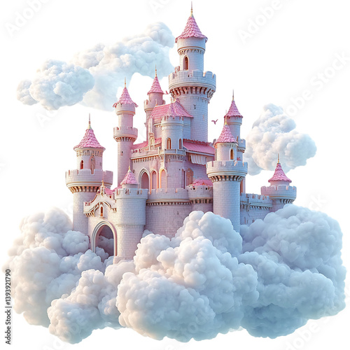 A Fluffy 3D Cartoon Castle with Soft Fluffy Clouds Isolated on Transparent Background