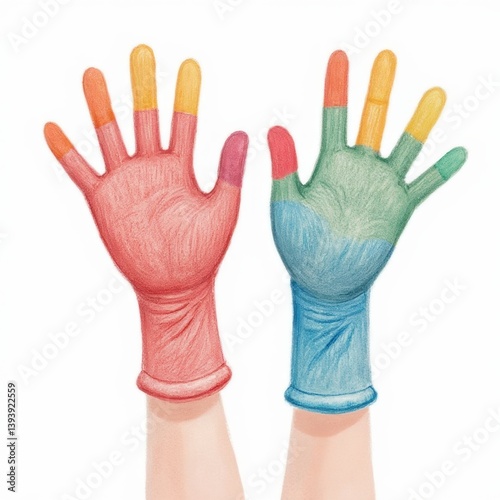 Colorful crayon-drawing gloves on paper playful art creative scene