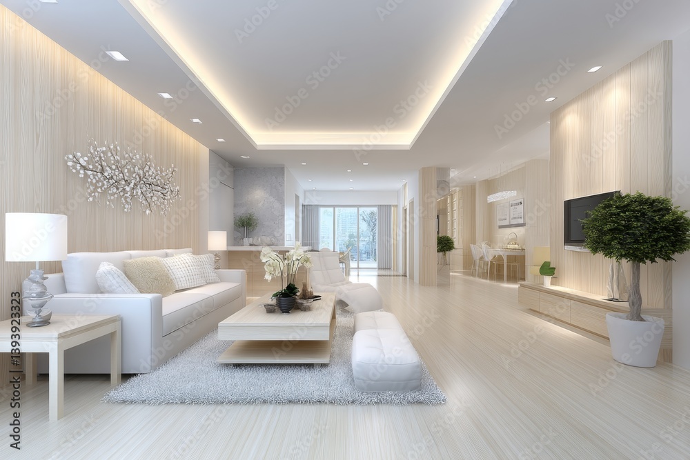 Fototapeta premium A realistic minimalist living area with clean white sofa, wooden flooring, and no clutter