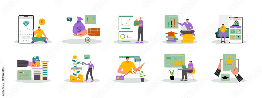 Investment set illustration. Flat vector illustration concept. Investment set illustration. Flat vector illustration concept.