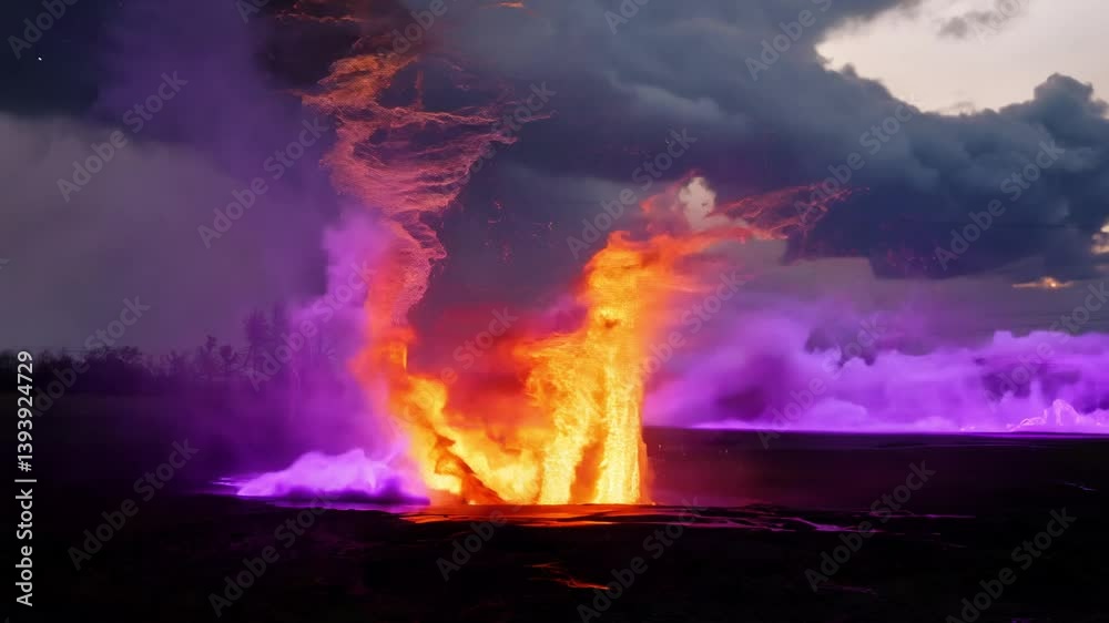 Dolly in video, energetic meeting of orange flames and purple water jets striking explosively, vibrant energy illuminating a stormy sky, electric sparks