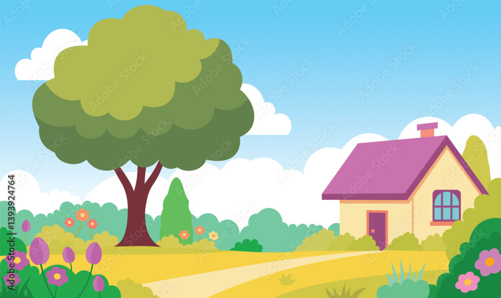 Fototapeta premium Beautiful Home House Building with Colorful Flowers Floral Garden Park Yard Landscape in Summer