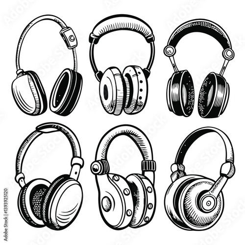Hand-Drawn Headphones Doodle Set – 6 Unique Black and White Illustrations