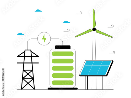 Environmentally friendly electrical energy comes from solar and wind power plants. Green energy illustration. Flat vector illustration concept.