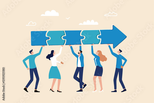 Team collaboration for success, teamwork or cooperation, employee participation or organization, partnership work together, career growth concept, business people employee connect arrow jigsaw puzzle.