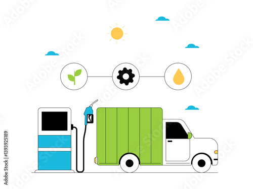 Environmentally friendly vehicle fuel is made from natural materials such as plants. Green energy illustration. Flat vector illustration concept.