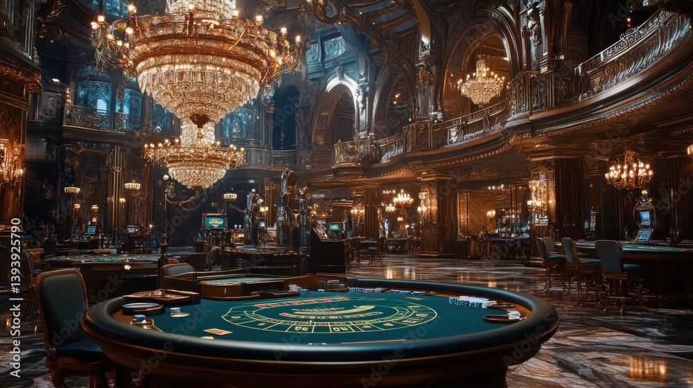 Obraz premium Opulent casino interior featuring poker tables slot machines and magnificent chandeliers casting a warm glow on the lavish surroundings