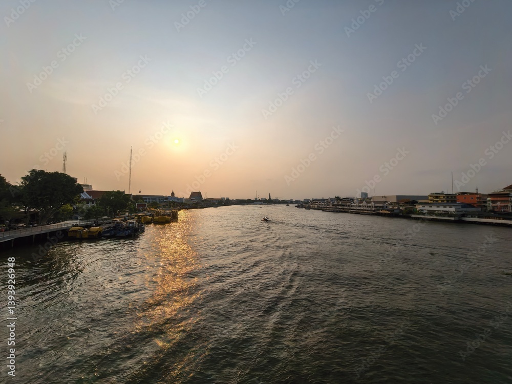 Wide Sunset View of Chao Phraya River, Bangkok Wide Sunset View of Chao Phraya River, Bangkok