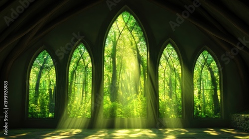 Ancient forest viewed through stained glass cathedral windows