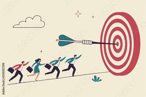 Team target or goal achievement, company or corporate objective and purpose to success in work, strategy or same direction to win together concept, business people employee running to reach target.