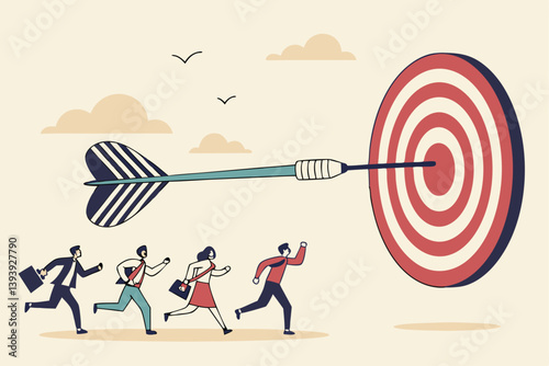 Team target or goal achievement, company or corporate objective and purpose to success in work, strategy or same direction to win together concept, business people employee running to reach target.