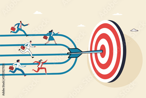 Team target or goal achievement, company or corporate objective and purpose to success in work, strategy or same direction to win together concept, business people employee running to reach target.