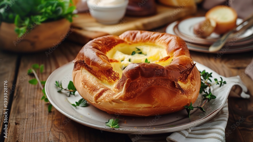 An appealing Yorkshire pudding is attractively presented. The Yorkshire pudding has a puffy, golden - brown exterior, with a characteristic cup - like shape. It is well - risen, indicating a successfu An appealing Yorkshire pudding is attractively presented. The Yorkshire pudding has a puffy, golden - brown exterior, with a characteristic cup - like shape. It is well - risen, indicating a successfu