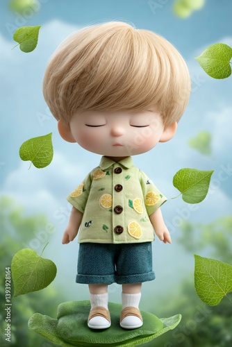 Art toy of tired-looking boy in lemon print shirt and folded beach pants, surrounded by floating leaf patterns and calm mood