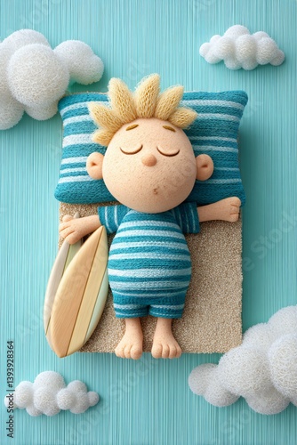 Cartoon figure of sleepy boy with oversized striped T-shirt and surfboard, relaxing on stylized beach backdrop with tiny waves