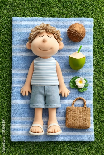 Collectible sleepy cartoon toy of boy on picnic towel with coconut drink, wavy hair detail and light tan skin effect