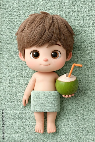 Collectible sleepy cartoon toy of boy on picnic towel with coconut drink, wavy hair detail and light tan skin effect