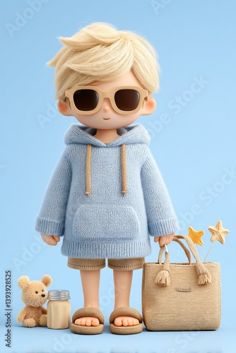 Creative collectible art toy of a dreamy boy in beach hoodie and flip flops, miniature sunglasses on head, surrounded by subtle vacation props