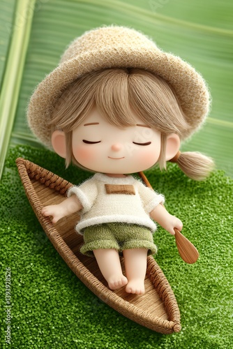 Cute sleepy art toy of boy under banana leaf shade, barefoot with toy boat in hand, detailed summer outfit textures