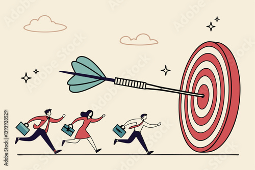 Team target or goal achievement, company or corporate objective and purpose to success in work, strategy or same direction to win together concept, business people employee running to reach target.