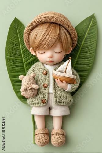 Cute sleepy art toy of boy under banana leaf shade, barefoot with toy boat in hand, detailed summer outfit textures