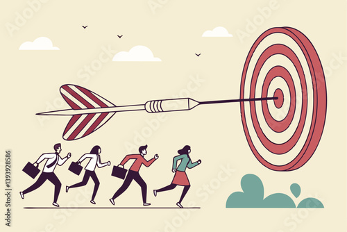 Team target or goal achievement, company or corporate objective and purpose to success in work, strategy or same direction to win together concept, business people employee running to reach target.